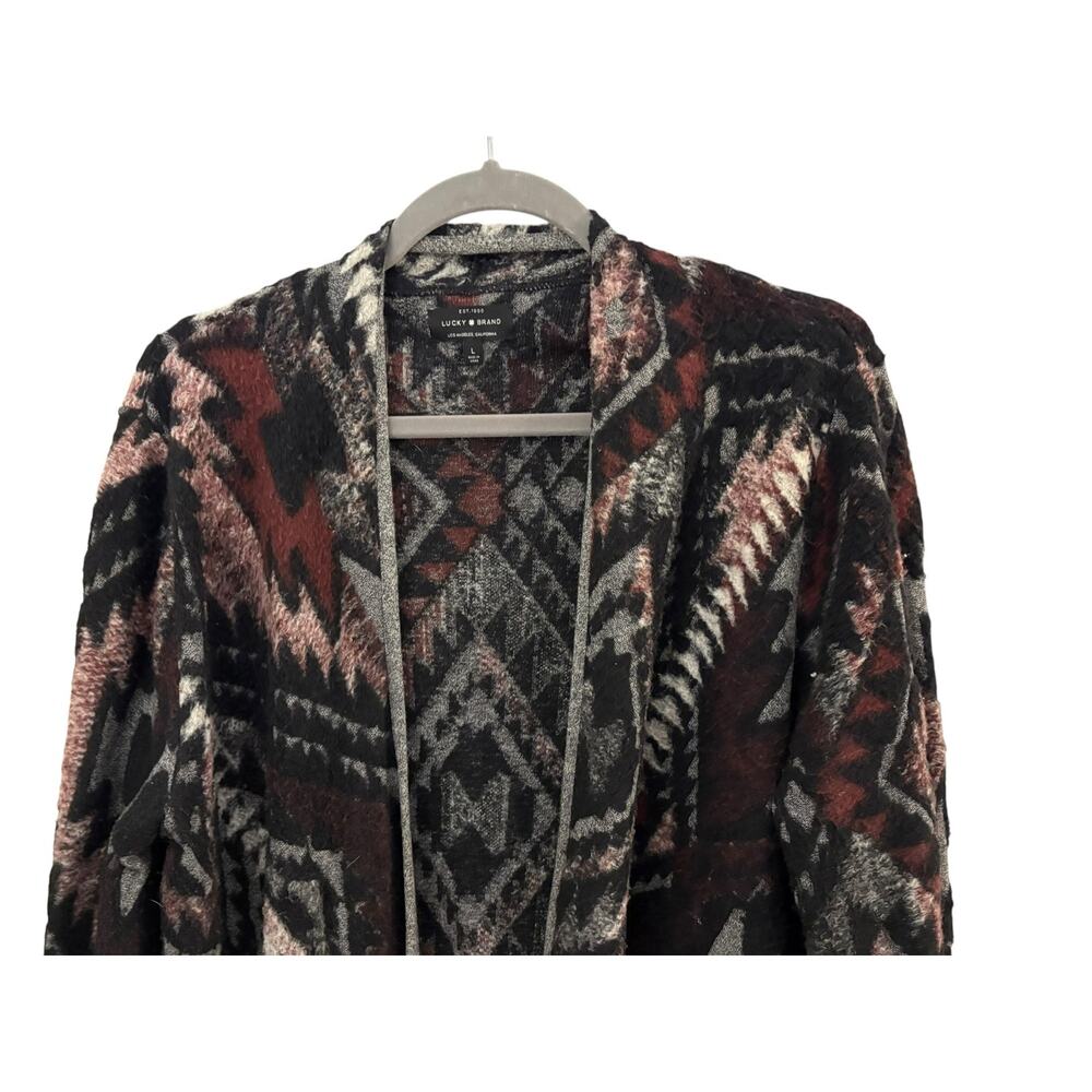 Lucky Brand Southwestern Aztec Fringe Hem Knit Sweater L Boho Cotton Blend Cozy - Picture 3 of 8